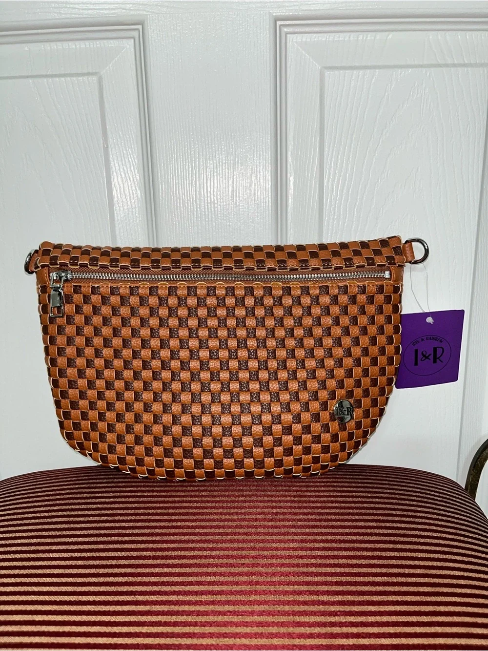 Iris & Rainbow Brown/Rust Day In Tessellate Woven Faux Leather Crossbody Bag